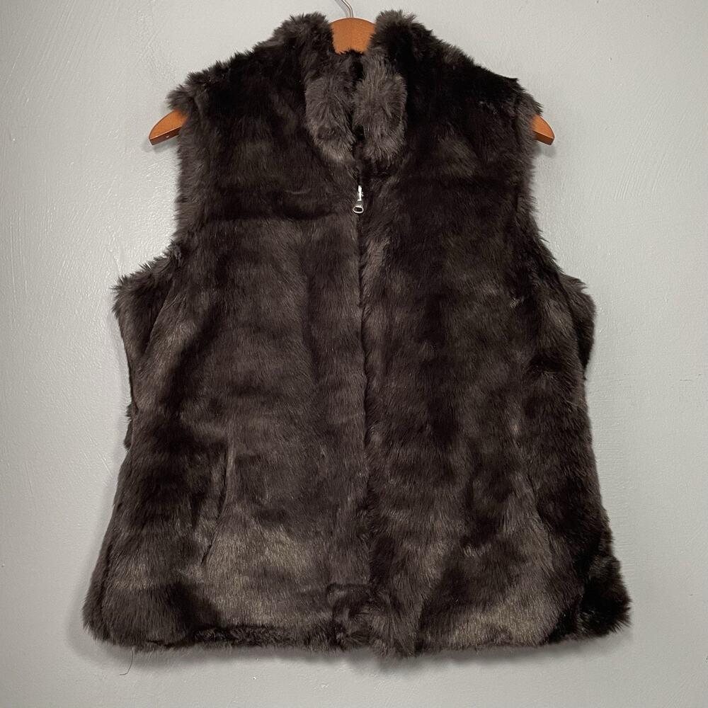 Liz Claiborne Reversible Vest Brown Faux Fur Size Medium Gilet Y2K Indie Sleaze